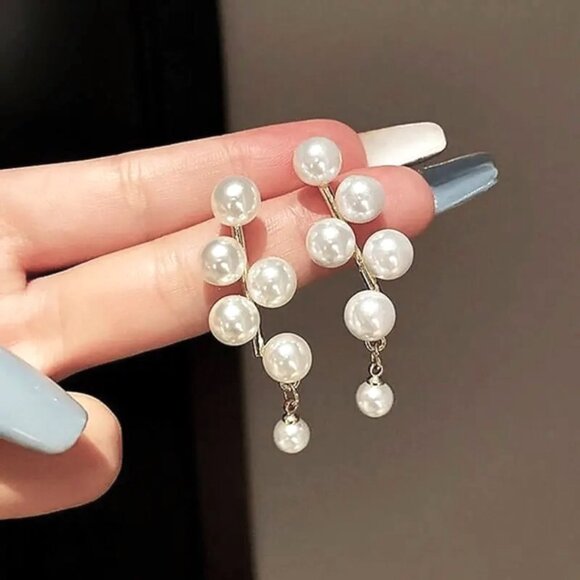 Pearl Earrings Drop Dangle Tassel Simple Elegant Rhinestones Trendy Stylish Glam - Picture 2 of 4